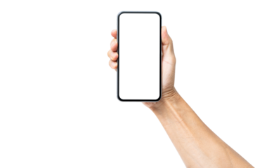 A woman holding a smart mobile phone with a blank touch screen display represents modern digital technology and wireless communication in a business environment