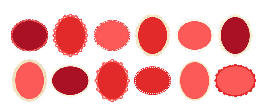 Elegant decorative collection of red oval lace frames, ornate doily borders vintage filigree design