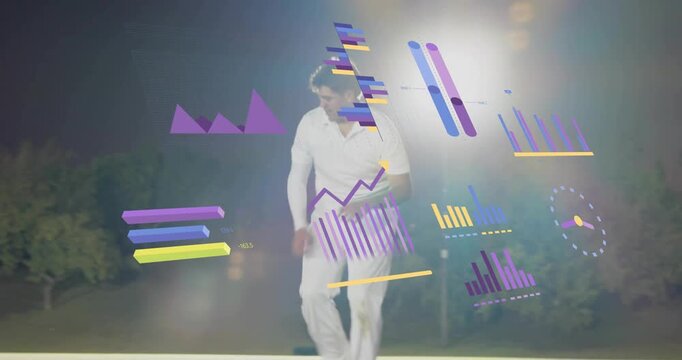 Bowler starting run-up, bowling in cricket, animated charts tracking trajectory analyzing delivery