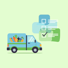 Fototapeta premium Fresh Produce Delivery Van Icon Alongside Checklist Illustration, Vector Illustration