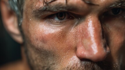 Obraz premium Closeup of a man sweating after intense physical activity, showing effort and determination. Fitness and sports concept.