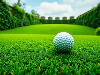 White golf ball with black dot rests on lush green field, walled garden, simulator visible,  practice,  sport