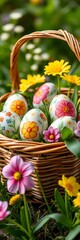 Whimsical painted eggs in a woven basket with vibrant spring flowers and greenery,  delicate,  painted