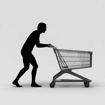 Person pushing empty shopping cart on white background symbolizing retail or consumerism concept