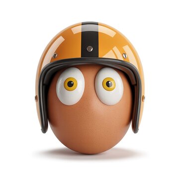 Funny egg wearing yellow motorcycle helmet with big eyes on white background
