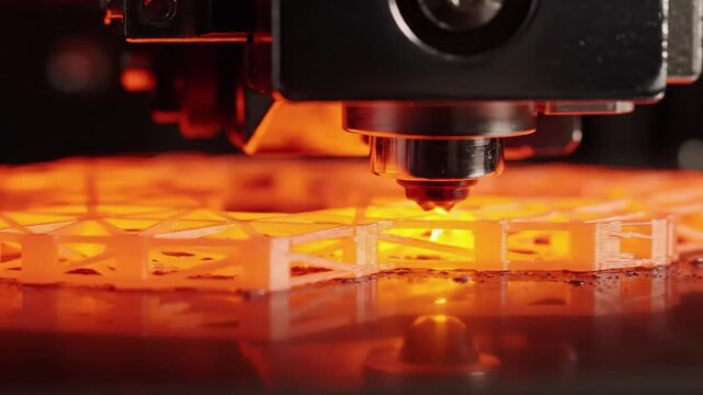 3D printing process with orange molten plastic.