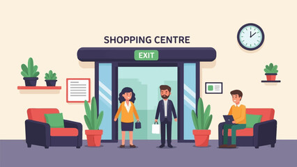 Obraz premium Modern shopping center entrance with people, plants, chairs, and clock