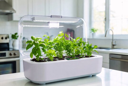 Smart home hydroponics with transparent cover installed on kitchen countertops