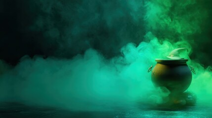 Obraz premium Green witch hat resting on a cauldron surrounded by mystical smoke for Halloween fun. Spooky holiday party decoration.