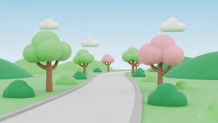 Cartoon Nature Landscape with Trees and Clouds