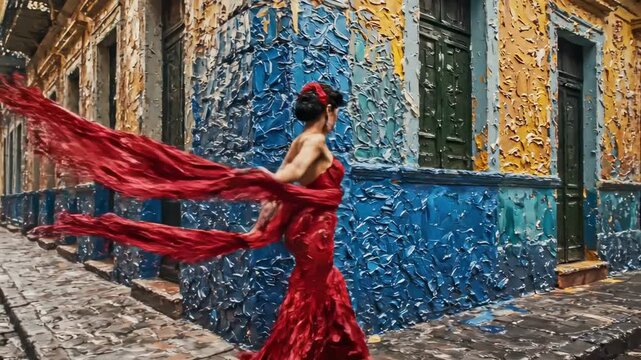 Gracious woman in a dramatic red gown walking with flowing fabric on a textured city street for passionate cultural dance concept and artistic flair