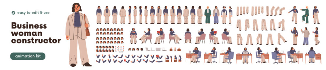 Business woman constructor, body parts and poses set. Office worker, female employee character from different sides, animation elements kit. Flat vector illustration isolated on white background