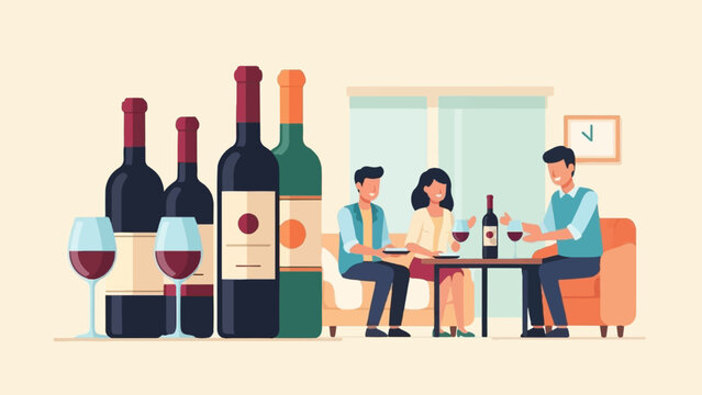 Friends enjoying wine and conversation at a table with bottles