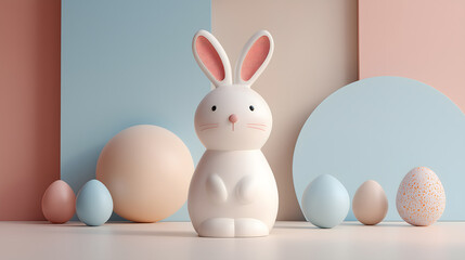 Obraz premium A white Easter bunny toy surrounded by colorful eggs and pastel blocks