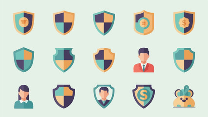 Fototapeta premium Flat icon set of shields, user profiles, and a piggy bank
