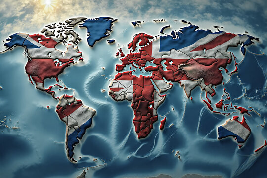 Globe world map and continents in the colors flag of the Great Britain