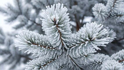 Close-up of frost-covered pine branches with a shallow depth of field, showcasing intricate icy details against a blurred snowy background.
