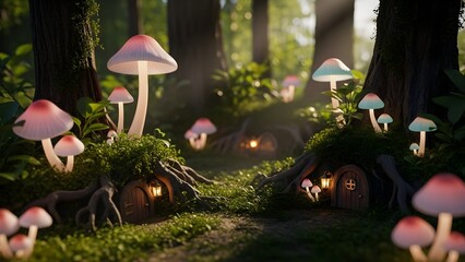 Whimsical forest scene with miniature mushroom houses and glowing windows amidst lush greenery and tall trees with soft sunlight filtering through.
