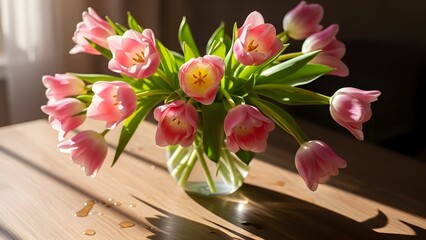 Obraz premium Vibrant pink tulips in a clear glass vase on a wooden table with natural light casting shadows.