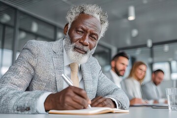 Senior businessman writing in notebook