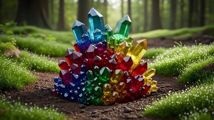 Obraz premium A vibrant cluster of colorful crystals nestled among lush greenery in a serene forest setting with soft natural lighting.