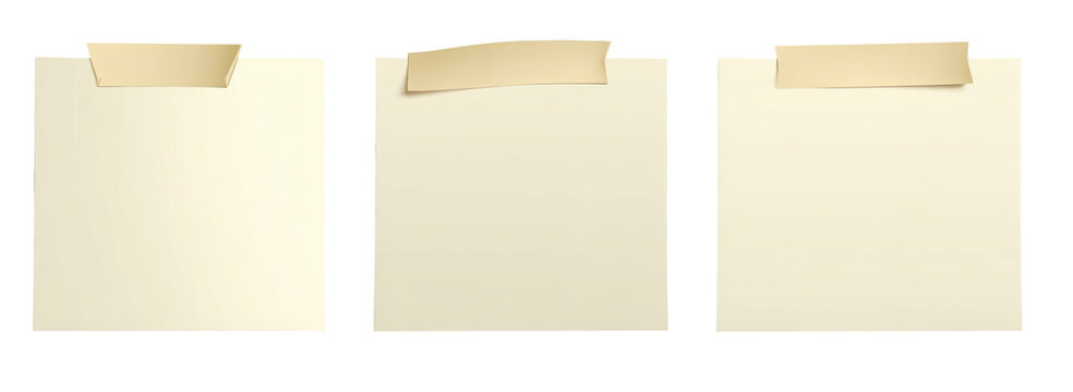 Three blank beige paper notes mockup with masking tape on transparent background