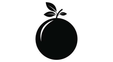 A striking depiction of a single round fruit with a leafy stem presented as a bold black silhouette high quality professional © rabbivay