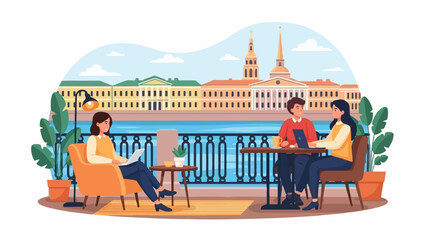 Naklejka premium People enjoying coffee by a river with a cityscape view