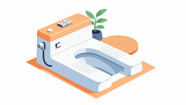 Isometric illustration of a modern squat toilet with a small potted plant