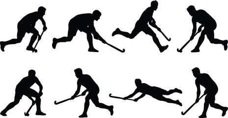 Obraz premium Set of field hockey player silhouettes in different action poses, dribbling, passing and shooting, black sport people icon collection isolated on white.