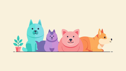 Obraz premium Four colorful cartoon dogs and a plant on a light background