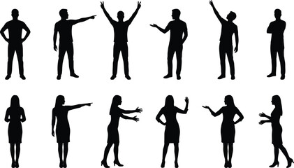 Obraz premium Set of business people silhouettes in different standing poses, men and women gestures collection for presentation, communication and teamwork design, isolated.