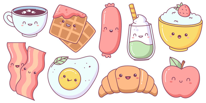 Isolated set of kawaii breakfast food cartoon characters with cute smiling faces happy expression