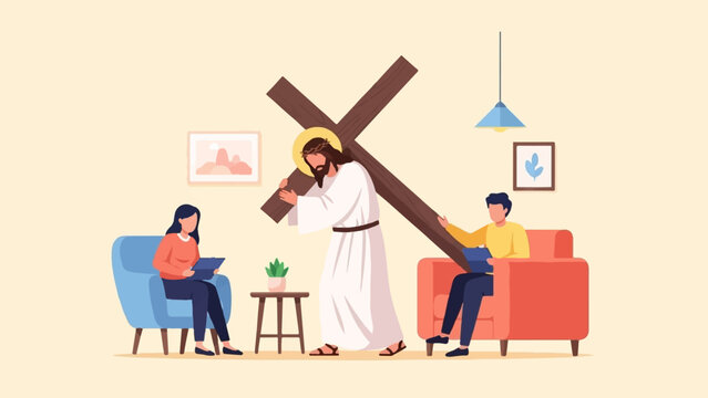 Jesus carries a cross through a room with people on couches reading