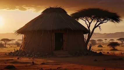 A Maasai manyatta hut made of earth and sticks, warm sunset casting golden light