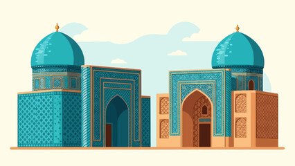 Ornate turquoise domed buildings with detailed patterned facades