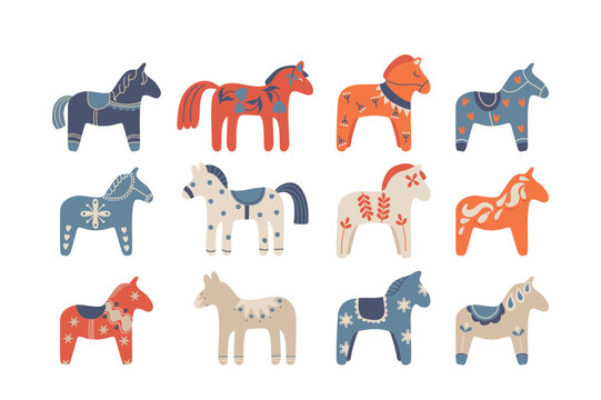 Traditional Nordic collection of horse decorated folk pattern art ornaments in Scandinavian style