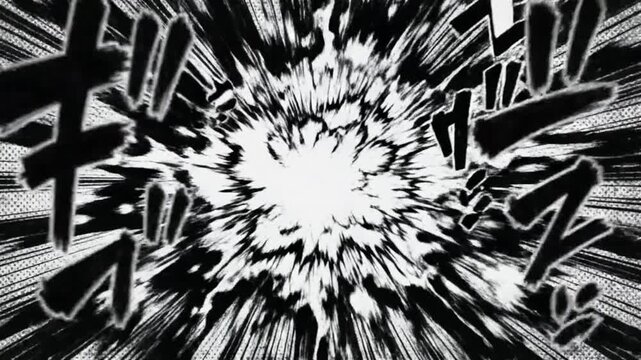Manga style explosion with dynamic black and white effect.
