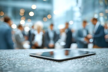 Tablet on table with blurred business people