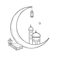 Sketch of a crescent moon and lantern, domes and minarets of Islamic mosques, and the Quran. Vector illustration. Symbols representing Islamic architecture and faith, isolated on a white background.