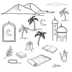 Collection with Islamic and Ramadan theme, including crescent moon, palm tree and desert, mosque, rosary and Koran. Vector illustration. Set of black and white silhouettes isolated on white background