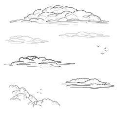 Collection of fluffy clouds of different shapes and silhouettes of birds, black and white sketch. Thick mountain clouds isolated on white background. Vector illustration. Summer cirrus clouds at dawn