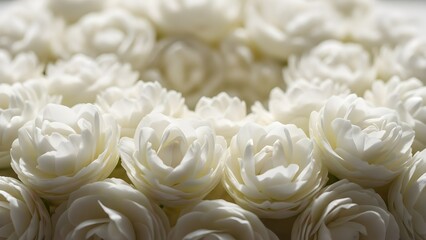 Obraz premium Close-up of numerous white roses arranged in a dense bouquet with a shallow depth of field on a plain white background.