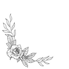 Bouquet of roses with twigs and leaves, black and white sketch. Vector illustration. Flower frame, corner, isolated on white background. Graceful flowers with buds, lush foliage.