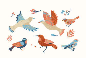 Obraz premium Traditional Nordic folklore graphics collection featuring Scandinavian birds decorated folk pattern