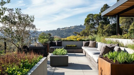 Obraz premium A rooftop garden with minimalist design, featuring potted plants and sleek furniture. .