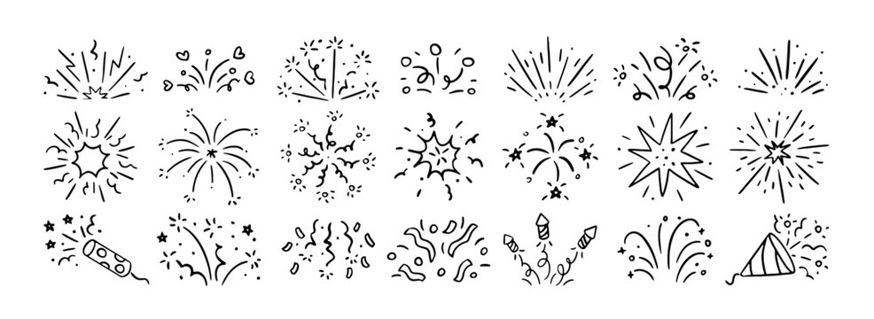 Comic explosion and fireworks effects set in doodle style. Party firecrackers, celebration booms, confetti, abstract design elements. Hand-drawn vector illustrations isolated on white background