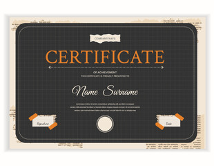Creative certificate template in dark colors. Stylish design with a drawing grid background, orange text, and paper scraps on tape. Original vector layout for awards.