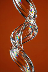 Holographic glass helix swirl, Iridescent glass ribbon twist, Prismatic crystal spiral 3D, Transparent glass coil macro