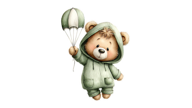 Cute teddy bear floating with a green parachute watercolor clipart isolated on transparent background